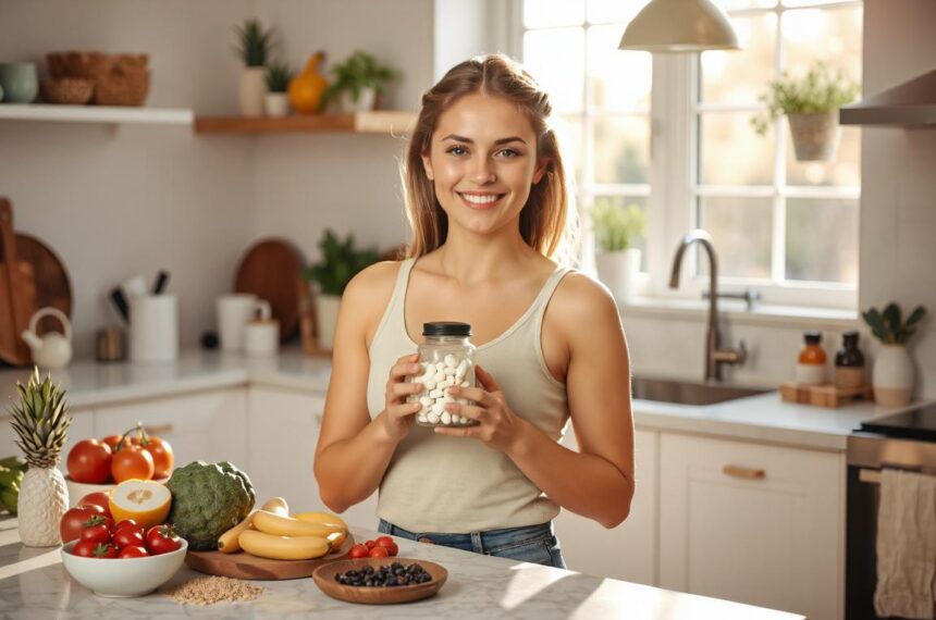 Potraviny bohaté na vitamín C ako citrusy a zelenina na stole