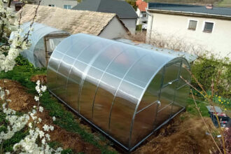 Polykarbonátový záhradný skleník postavený na jeseň v záhrade s farebným opadaným lístím.